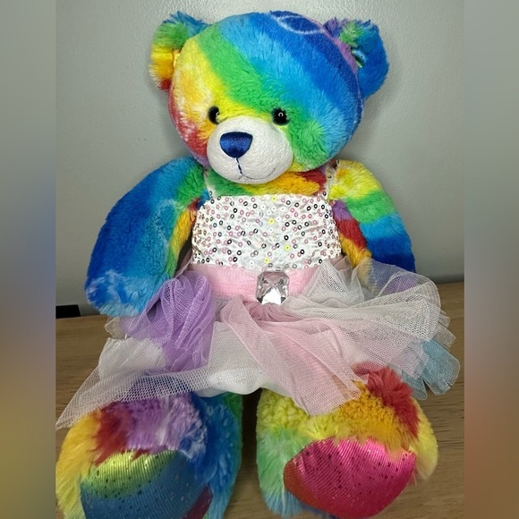 Build A Bear Neon Rainbow Tie Dye‎ Peace Signs Bear Pink Tutu Stuffed Plush Toy - Picture 4 of 7